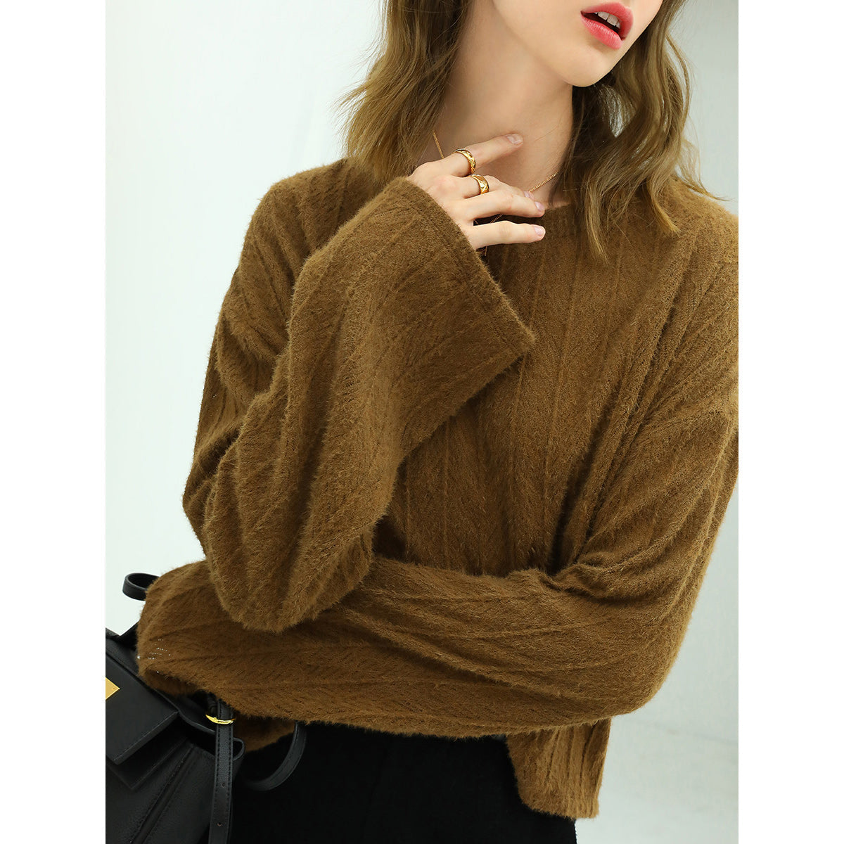 Baggy Mania Trumpet Sleeved Textured Stripe Knit Top