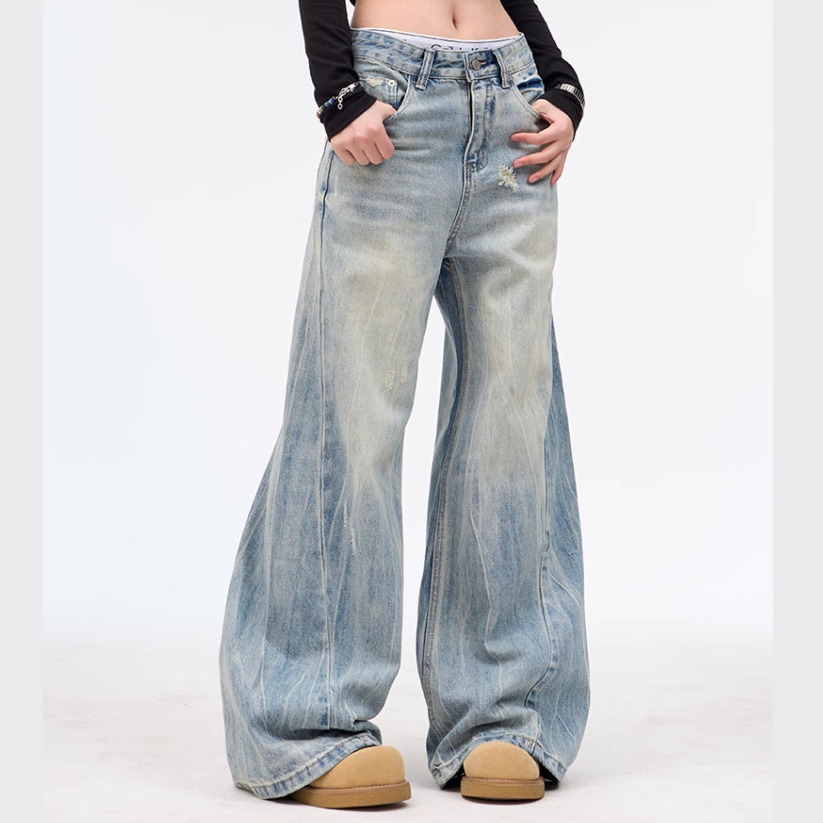 Retro Washed Ripped Jeans Baggy Straight Trousers