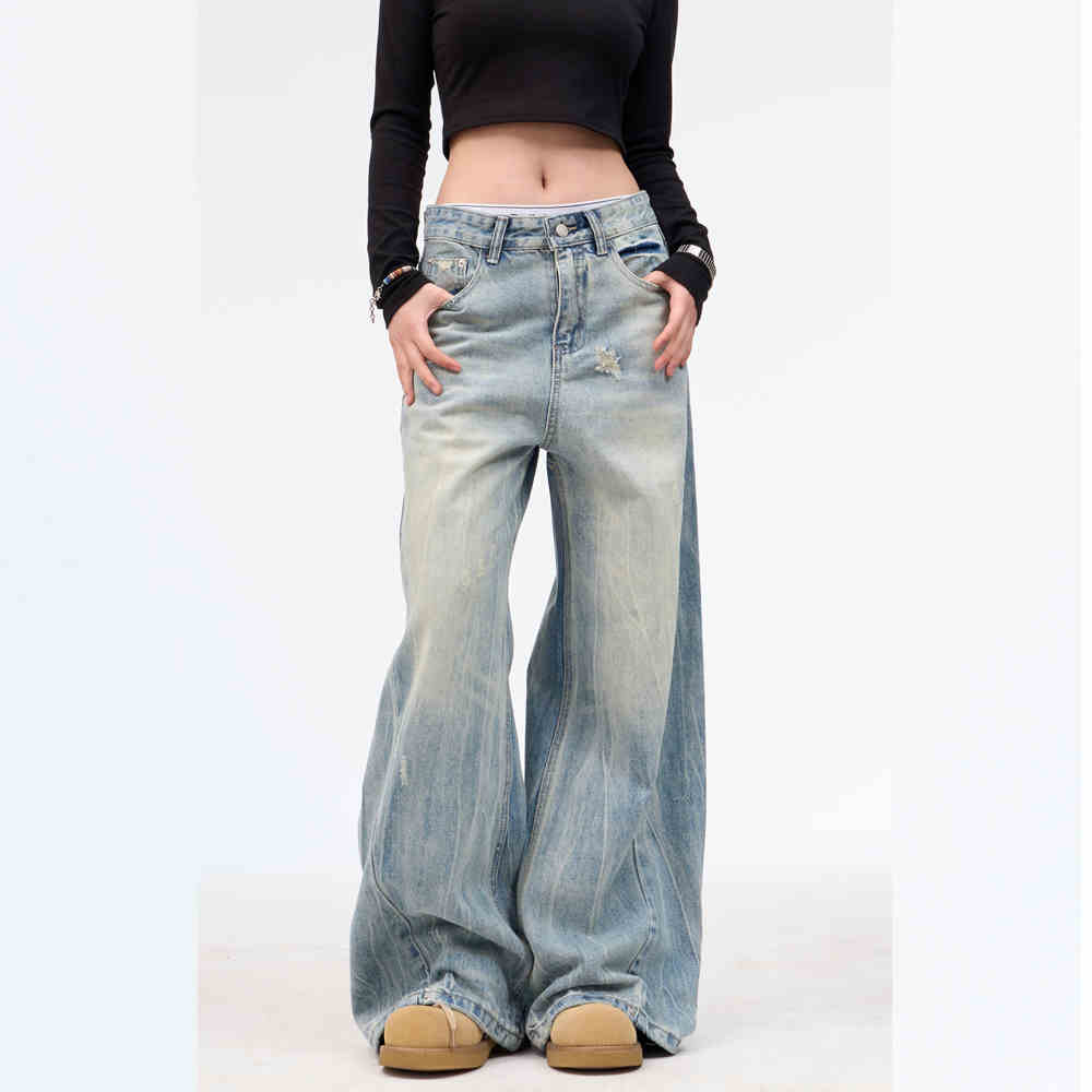 Retro Washed Ripped Jeans Baggy Straight Trousers