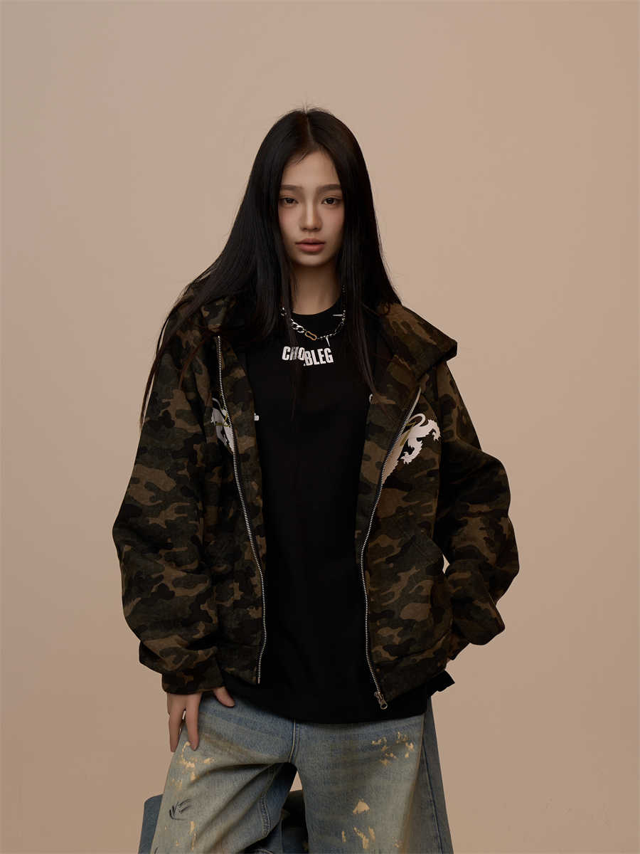 Camouflage Hooded Sweater Cardigan Female Baggy Coat