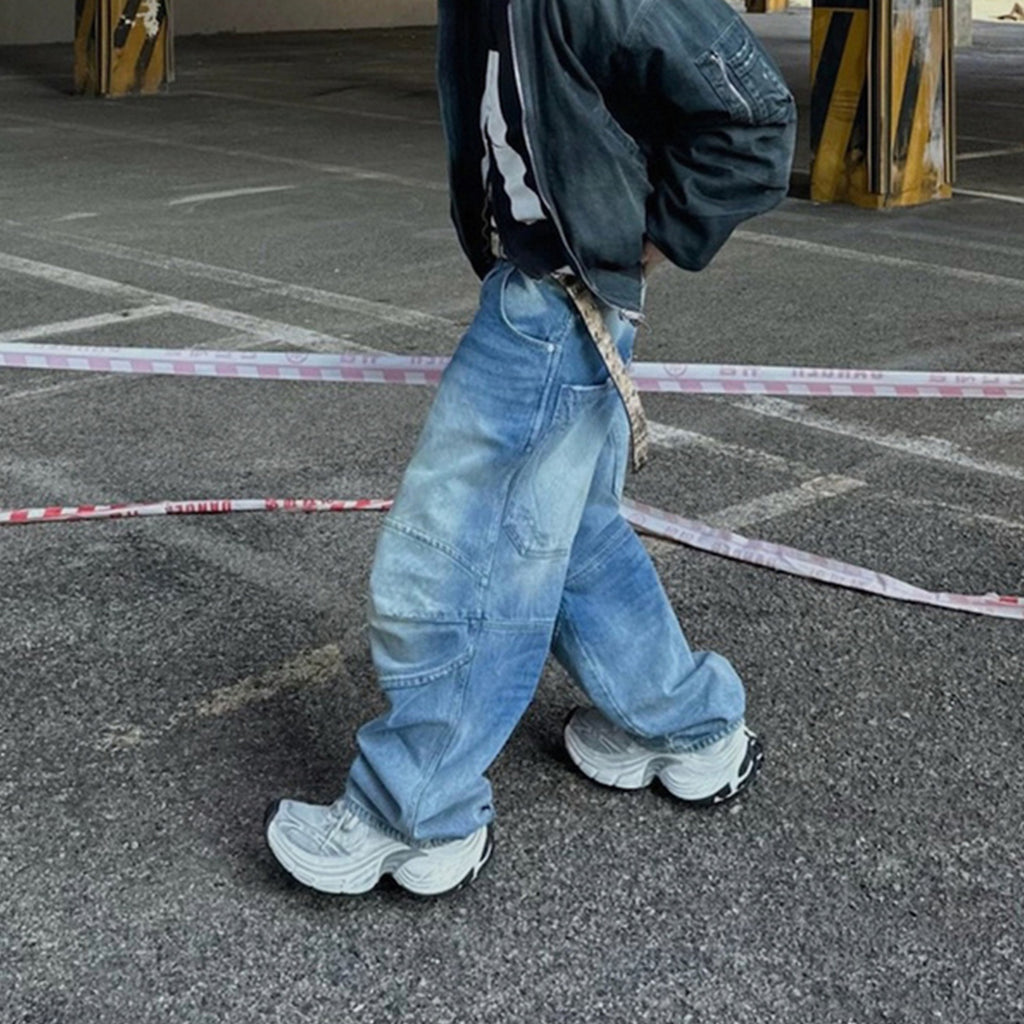 Profile Pleated BAGGY Washed White Blue Jeans