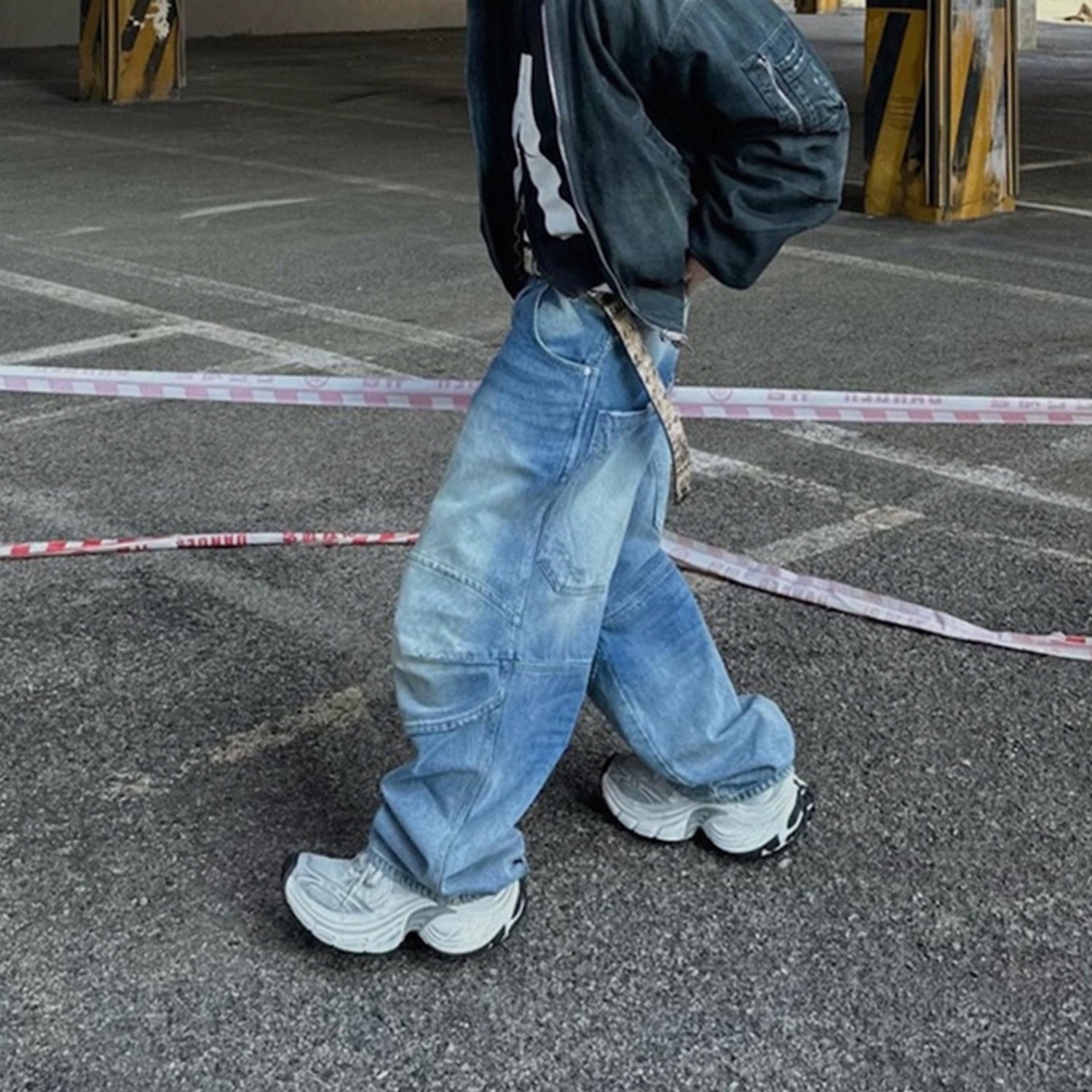 Profile Pleated BAGGY Washed White Blue Jeans