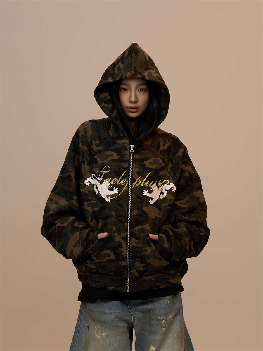 Camouflage Hooded Sweater Cardigan Female Baggy Coat