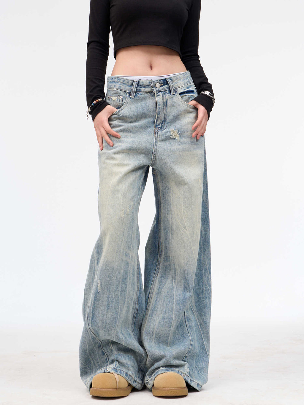 Retro Washed Ripped Jeans Baggy Straight Trousers