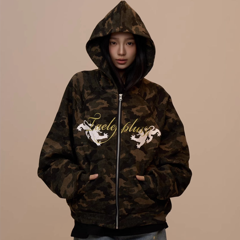 Camouflage Hooded Sweater Cardigan Female Baggy Coat