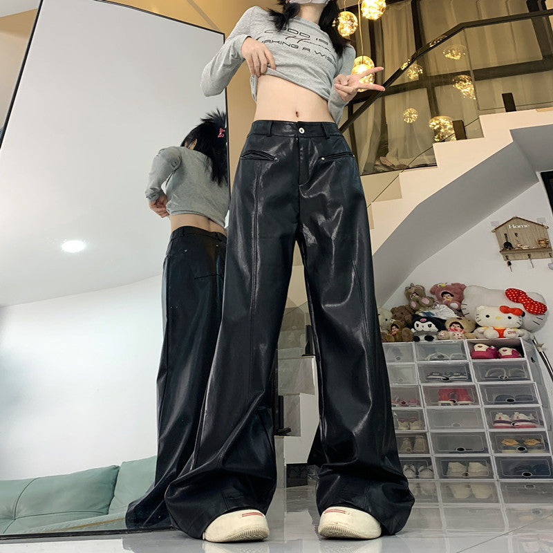Straight Slim PU Leather Baggy Pants