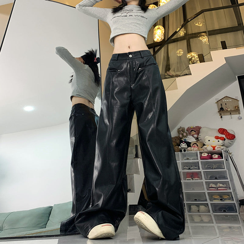 Straight Slim PU Leather Baggy Pants