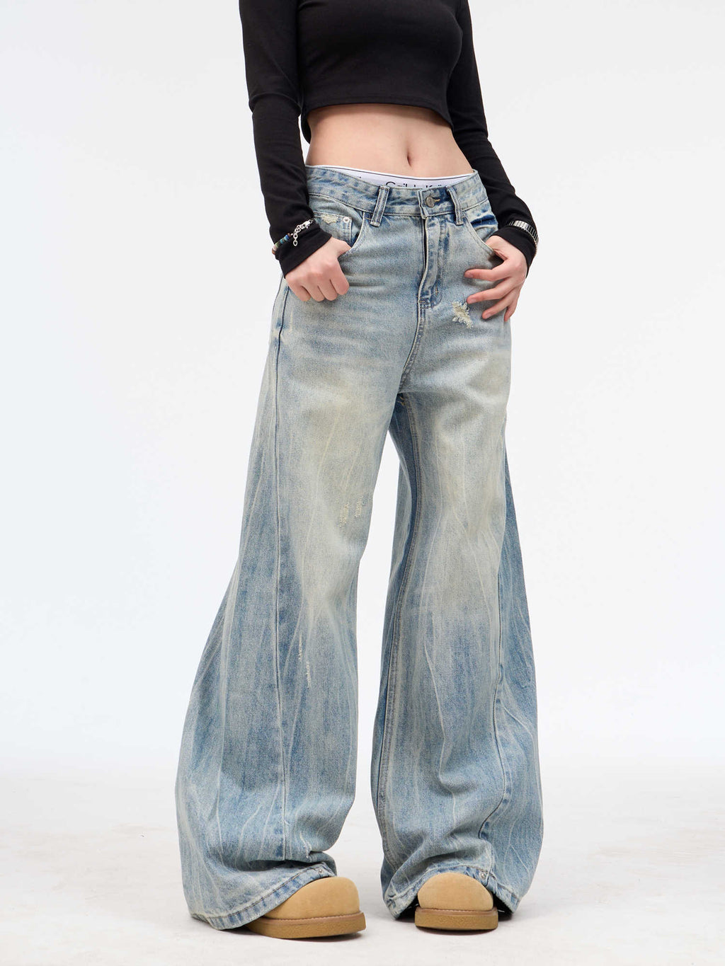Retro Washed Ripped Jeans Baggy Straight Trousers