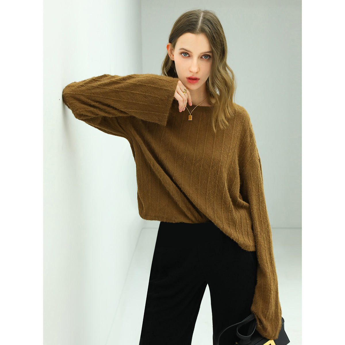 Baggy Mania Trumpet Sleeved Textured Stripe Knit Top