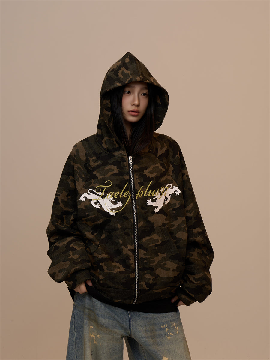 Camouflage Hooded Sweater Cardigan Female Baggy Coat